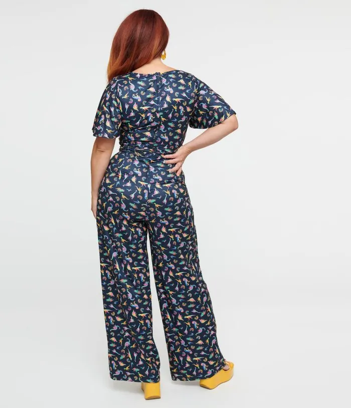 Dolly and Dotty Black Dinosaur and Rainbow Print Charlotte Jumpsuit Dresses Unique Vintage Pocket Dresses