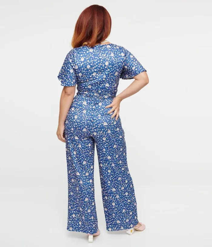 Dolly and Dotty Blue Floral and Hedgehog Print Charlotte Jumpsuit Dresses Unique Vintage Pocket Dresses