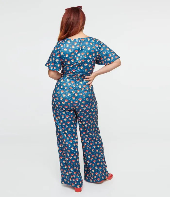 Dolly and Dotty Blue Mushroom Print Charlotte Jumpsuit Dresses Unique Vintage Pocket Dresses
