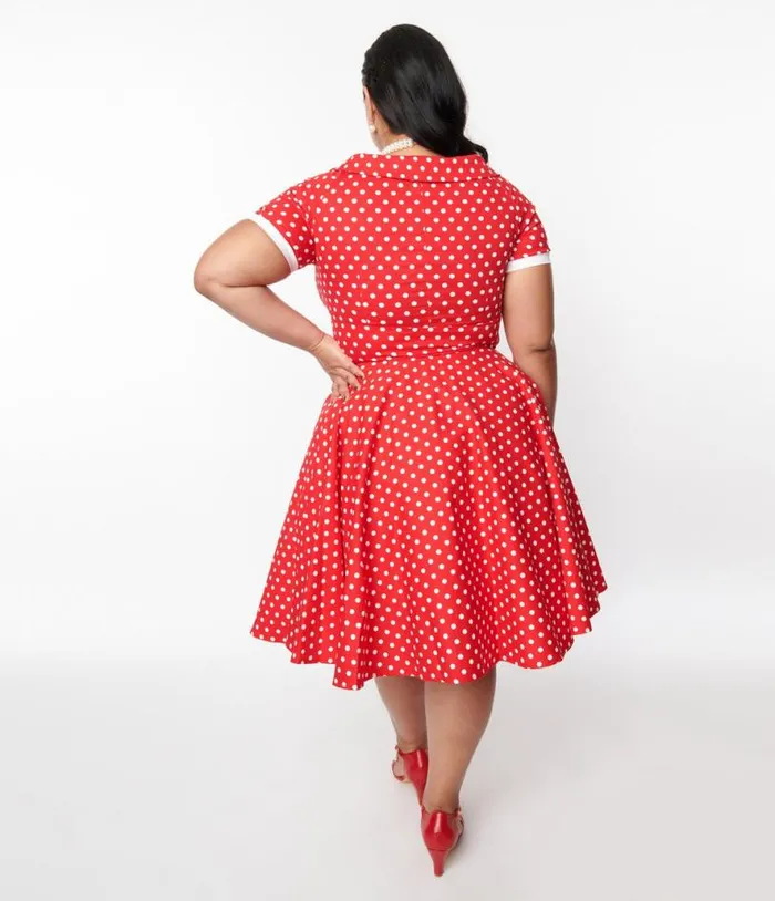 Dolly and Dotty Red and White Polka Dot Dolly Swing Dress DressesPlus Unique Vintage Swing