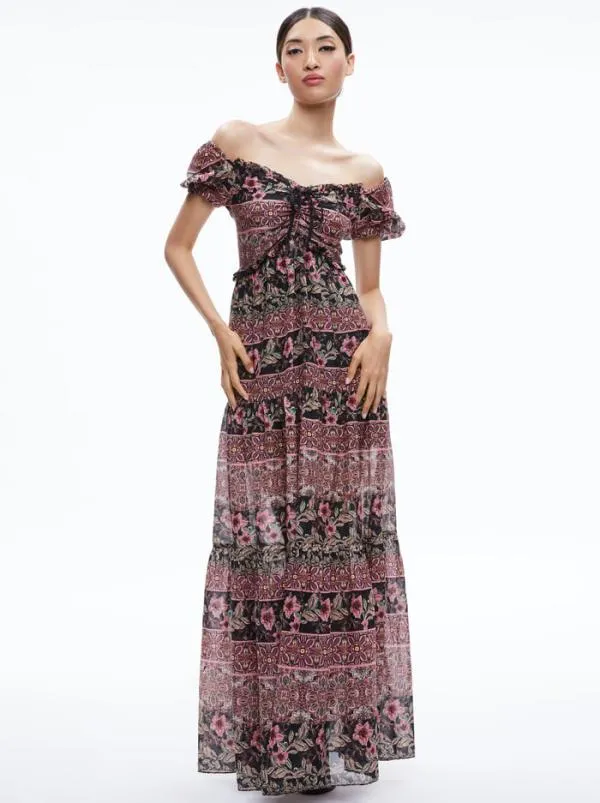 Dresses Women Alice Olivia ANDREA PUFF SLEEVE MAXI DRESS Canopy Tile Black