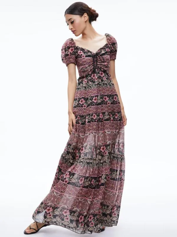 Dresses Women Alice Olivia ANDREA PUFF SLEEVE MAXI DRESS Canopy Tile Black