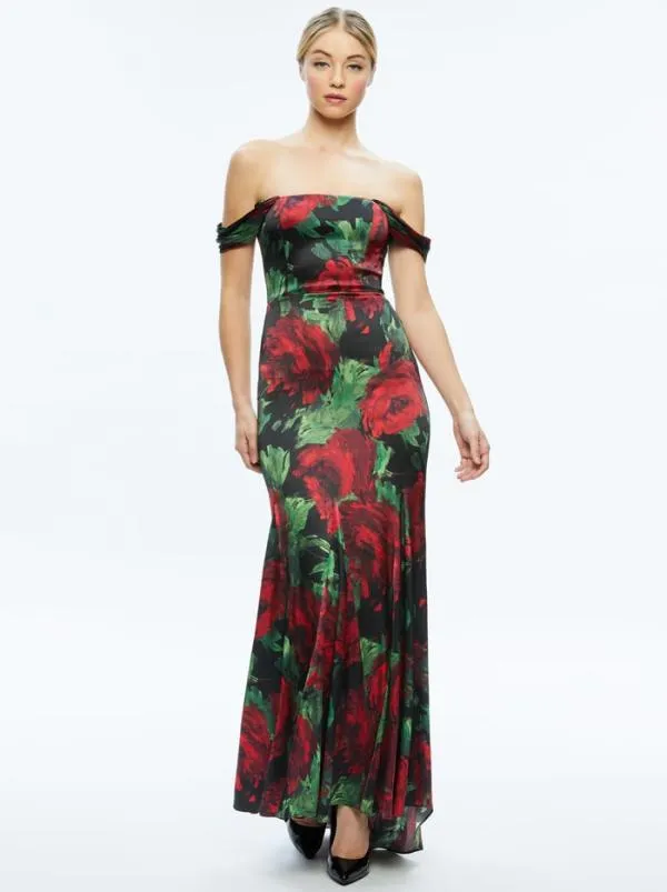 Dresses Women Alice Olivia ARZA OFF SHOULDER MAXI DRESS Cloud Floral Bordeaux Lg Dresses Women Alice Olivia ARZA OFF SHOULDER MAXI DRESS Cloud Floral Bordeaux Lg
