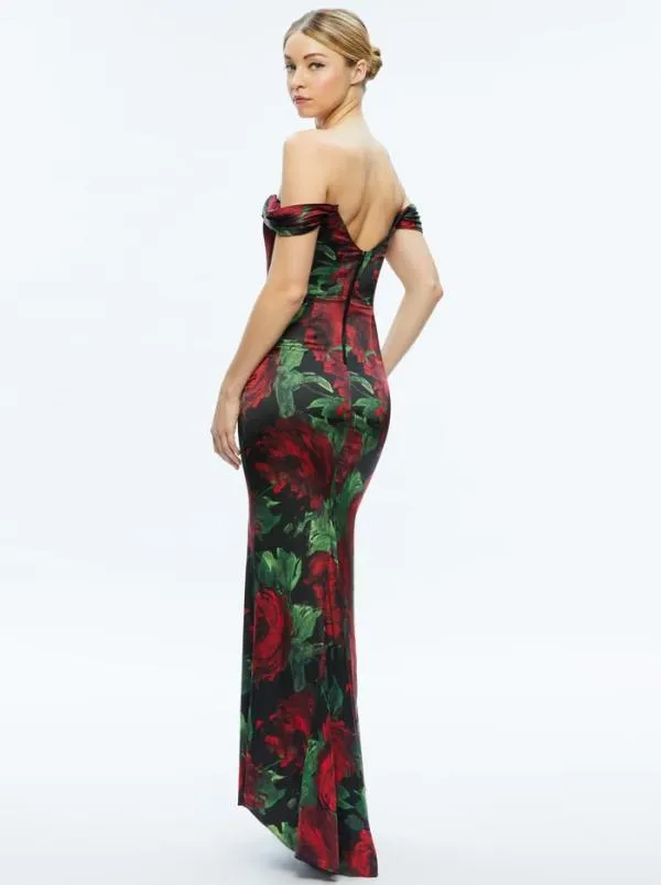 Dresses Women Alice Olivia ARZA OFF SHOULDER MAXI DRESS Cloud Floral Bordeaux Lg