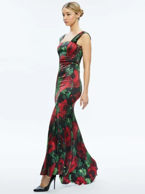 Dresses Women Alice Olivia ARZA OFF SHOULDER MAXI DRESS Cloud Floral Bordeaux Lg
