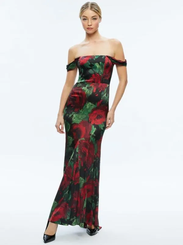 Dresses Women Alice Olivia ARZA OFF SHOULDER MAXI DRESS Cloud Floral Bordeaux Lg