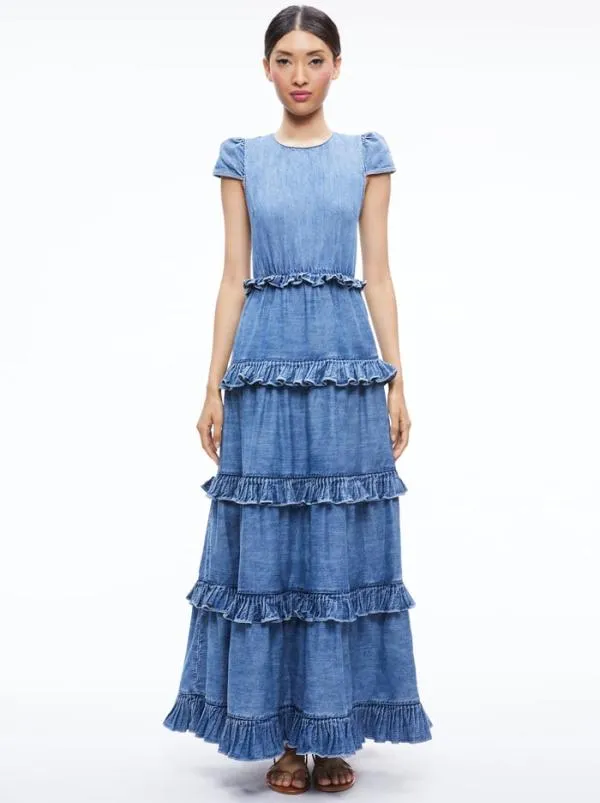 Dresses Women Alice Olivia CADBY DENIM RUFFLED MAXI DRESS Ivy Blue