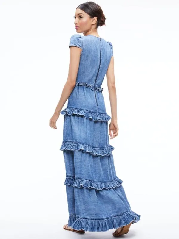 Dresses Women Alice Olivia CADBY DENIM RUFFLED MAXI DRESS Ivy Blue