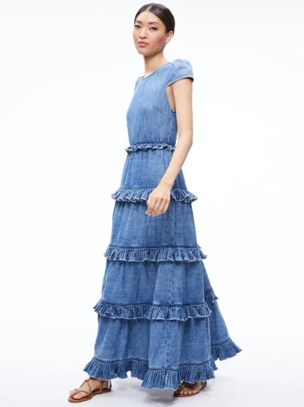 Dresses Women Alice Olivia CADBY DENIM RUFFLED MAXI DRESS Ivy Blue