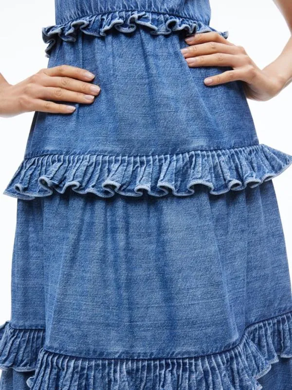 Dresses Women Alice Olivia CADBY DENIM RUFFLED MAXI DRESS Ivy Blue