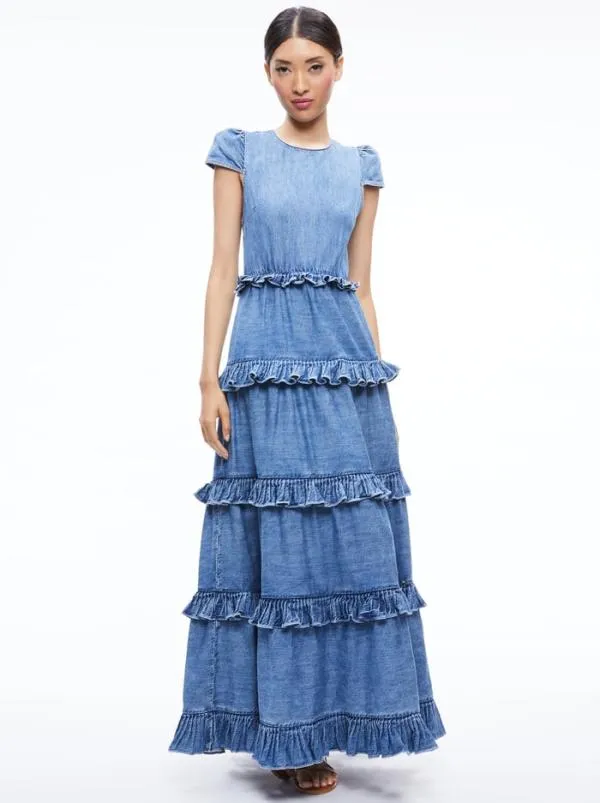 Dresses Women Alice Olivia CADBY DENIM RUFFLED MAXI DRESS Ivy Blue