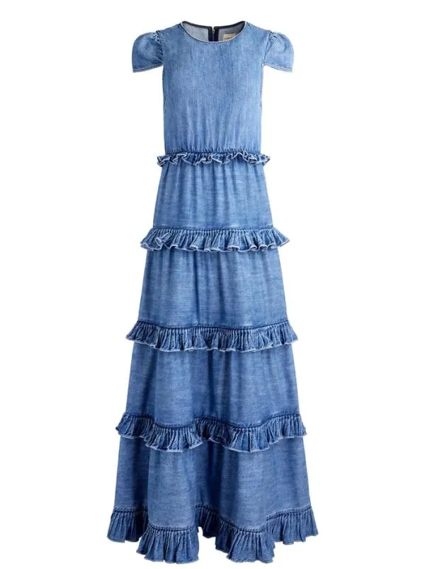 Dresses Women Alice Olivia CADBY DENIM RUFFLED MAXI DRESS Ivy Blue