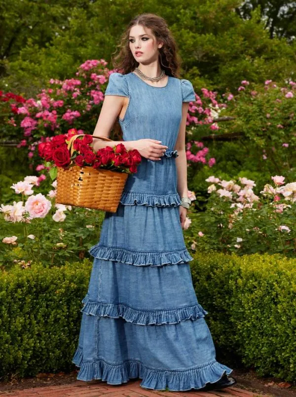 Dresses Women Alice Olivia CADBY DENIM RUFFLED MAXI DRESS Ivy Blue
