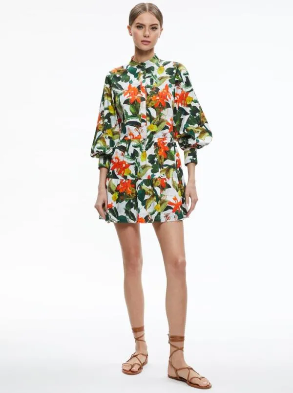 Dresses Women Alice Olivia CAILIN BUTTON FRONT BLOUSON SLEEVE MINI DRESS Tropical Sunrise Off White Dresses Women Alice Olivia CAILIN BUTTON FRONT BLOUSON SLEEVE MINI DRESS Tropical Sunrise Off White