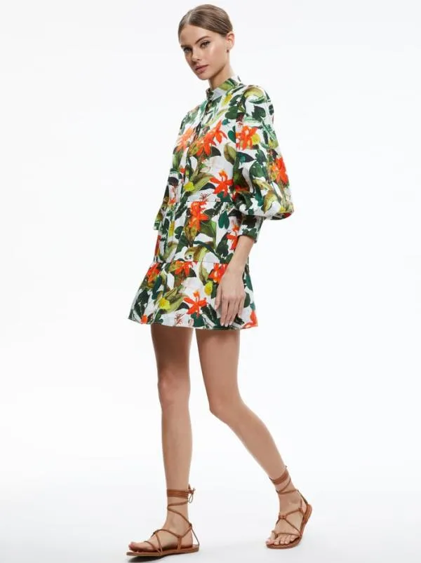 Dresses Women Alice Olivia CAILIN BUTTON FRONT BLOUSON SLEEVE MINI DRESS Tropical Sunrise Off White