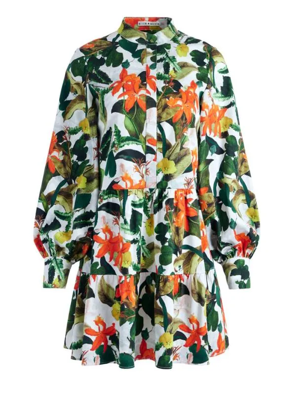 Dresses Women Alice Olivia CAILIN BUTTON FRONT BLOUSON SLEEVE MINI DRESS Tropical Sunrise Off White
