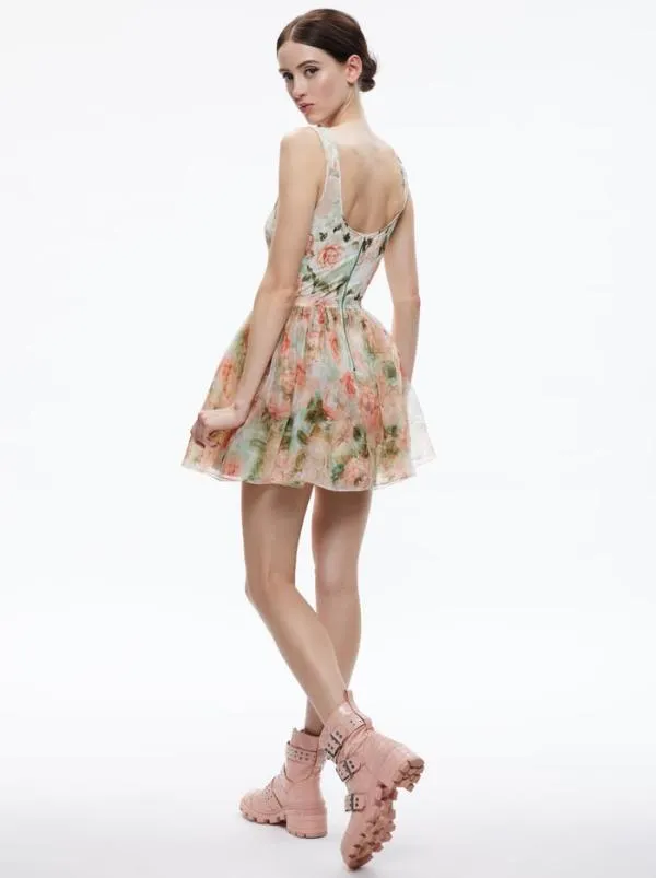 Dresses Women Alice Olivia CHARA SLEEVELESS SCOOP NECK MINI DRESS Morningside Floral Pistachio