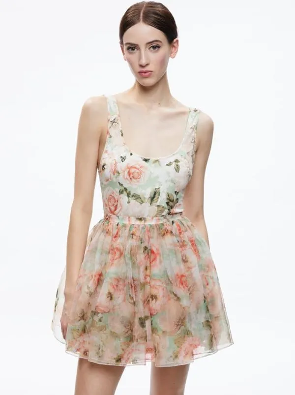 Dresses Women Alice Olivia CHARA SLEEVELESS SCOOP NECK MINI DRESS Morningside Floral Pistachio