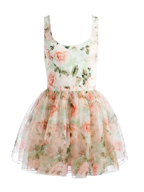 Dresses Women Alice Olivia CHARA SLEEVELESS SCOOP NECK MINI DRESS Morningside Floral Pistachio