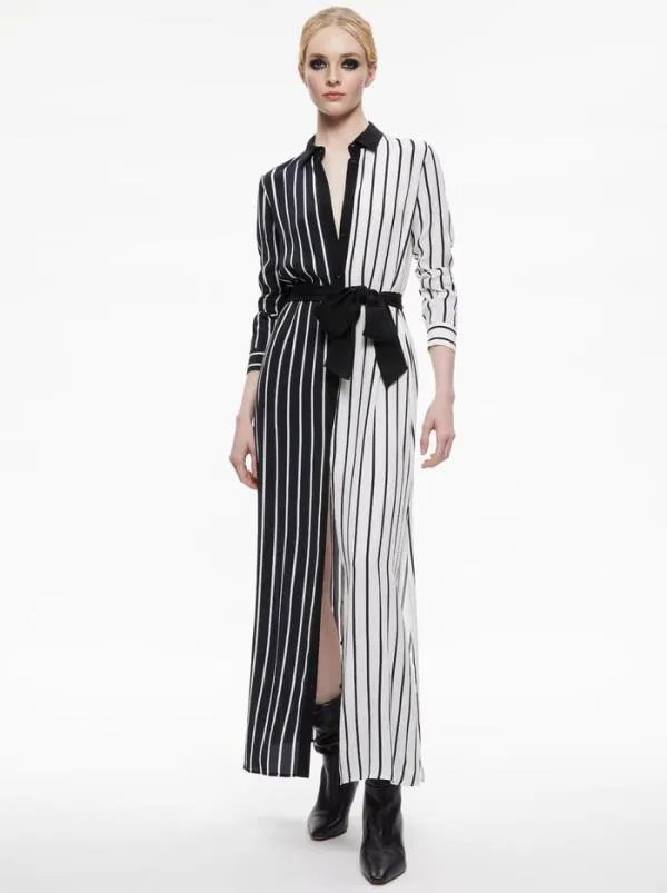 Dresses Women Alice Olivia CHASSIDY MAXI SHIRT DRESS Vertical Palazzo Stripe Black