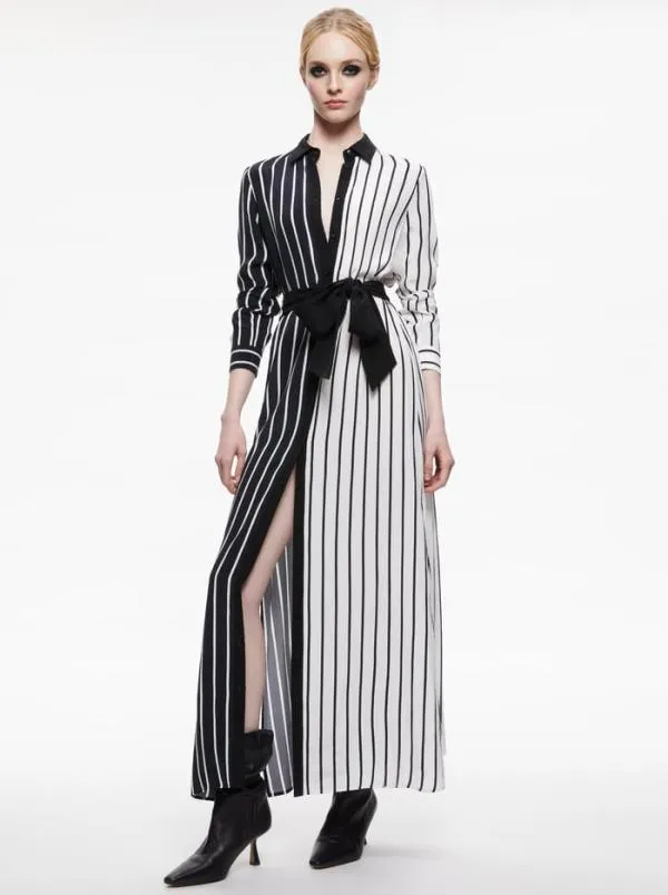 Dresses Women Alice Olivia CHASSIDY MAXI SHIRT DRESS Vertical Palazzo Stripe Black