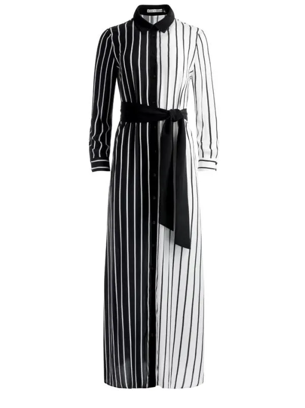 Dresses Women Alice Olivia CHASSIDY MAXI SHIRT DRESS Vertical Palazzo Stripe Black