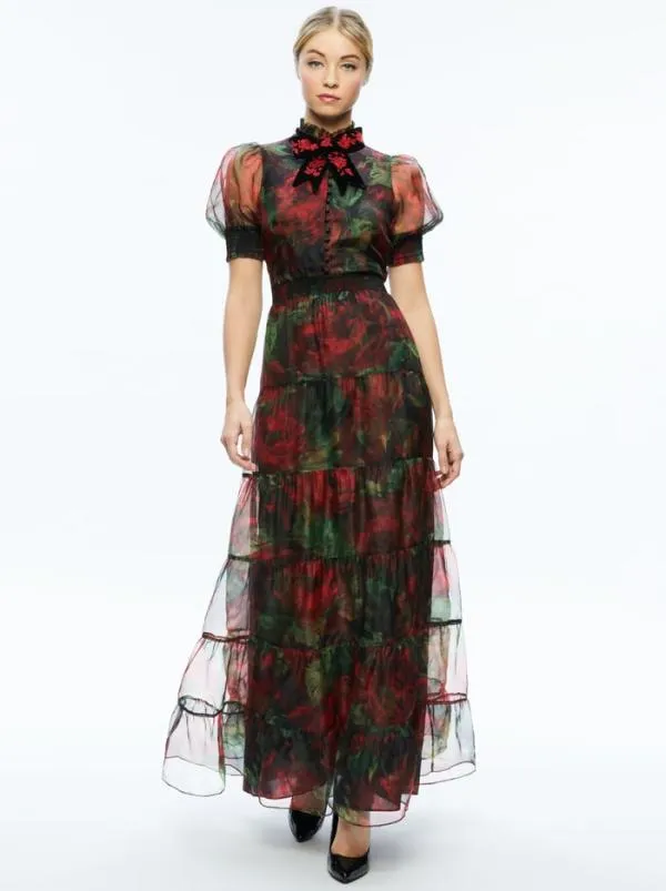 Dresses Women Alice Olivia COLETTA BOW NECK BUTTON FRONT MAXI DRESS Cloud Floral Bordeaux Lg