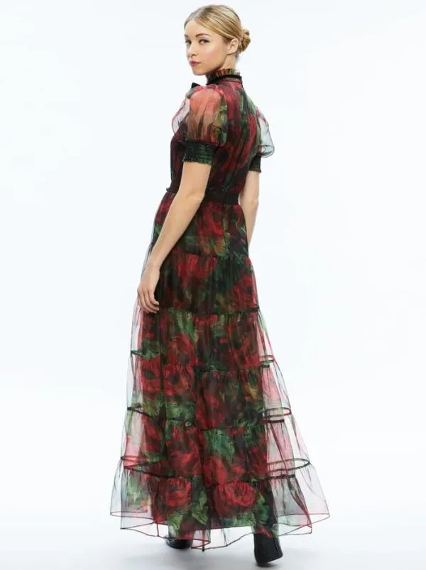 Dresses Women Alice Olivia COLETTA BOW NECK BUTTON FRONT MAXI DRESS Cloud Floral Bordeaux Lg