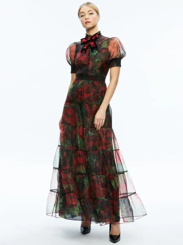 Dresses Women Alice Olivia COLETTA BOW NECK BUTTON FRONT MAXI DRESS Cloud Floral Bordeaux Lg