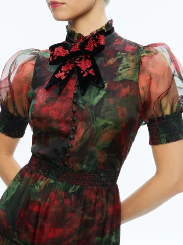 Dresses Women Alice Olivia COLETTA BOW NECK BUTTON FRONT MAXI DRESS Cloud Floral Bordeaux Lg