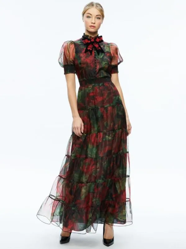 Dresses Women Alice Olivia COLETTA BOW NECK BUTTON FRONT MAXI DRESS Cloud Floral Bordeaux Lg