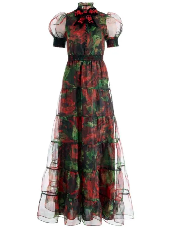 Dresses Women Alice Olivia COLETTA BOW NECK BUTTON FRONT MAXI DRESS Cloud Floral Bordeaux Lg