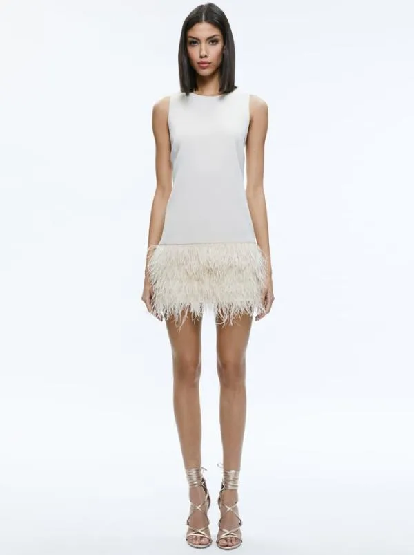 Dresses Women Alice Olivia COLEY FEATHER TRIM DRESS Champagne