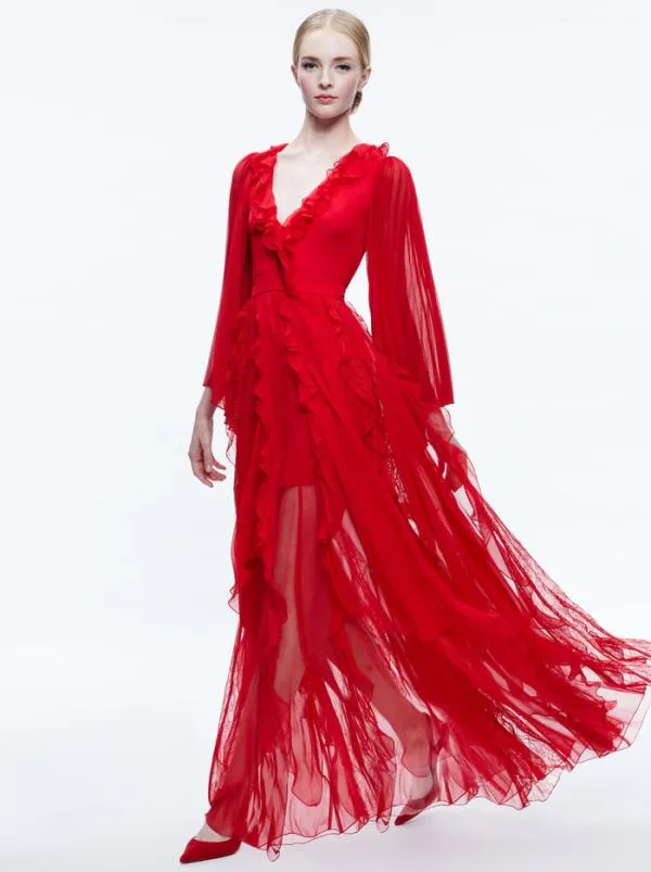 Dresses Women Alice Olivia DAY SUNBURST SLEEVE MAXI DRESS Perfect Ruby