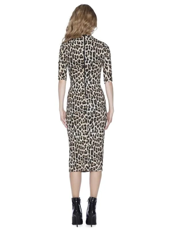 Dresses Women Alice Olivia DELORA FITTED MOCK NECK MIDI DRESS Textured Leopard