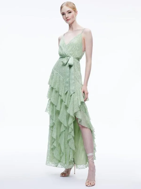 Dresses Women Alice Olivia EMELIA VNECK EYELET RUFFLE MAXI DRESS Green Tea