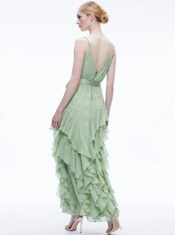 Dresses Women Alice Olivia EMELIA VNECK EYELET RUFFLE MAXI DRESS Green Tea