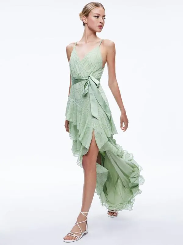 Dresses Women Alice Olivia EMELIA VNECK EYELET RUFFLE MAXI DRESS Green Tea