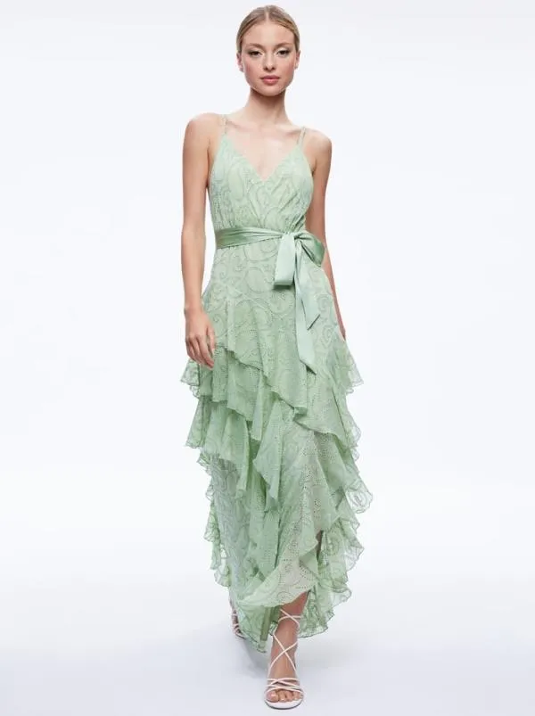 Dresses Women Alice Olivia EMELIA VNECK EYELET RUFFLE MAXI DRESS Green Tea