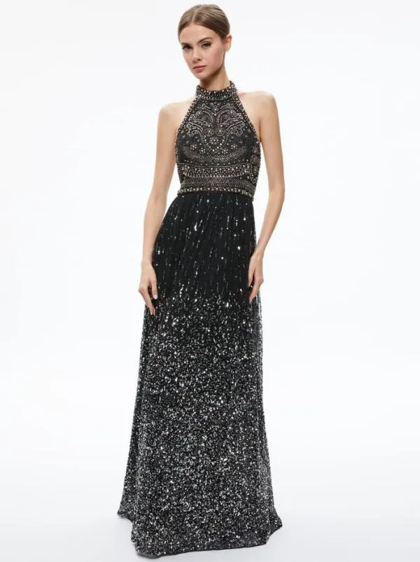 Dresses Women Alice Olivia JAEL EMBELLISHED HALTER NECK MAXI GOWN Blackmulti