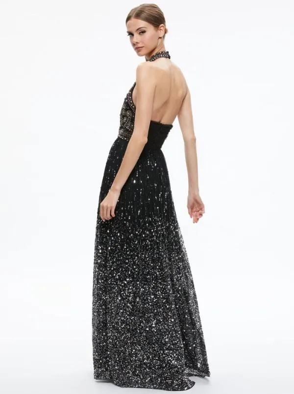 Dresses Women Alice Olivia JAEL EMBELLISHED HALTER NECK MAXI GOWN Blackmulti