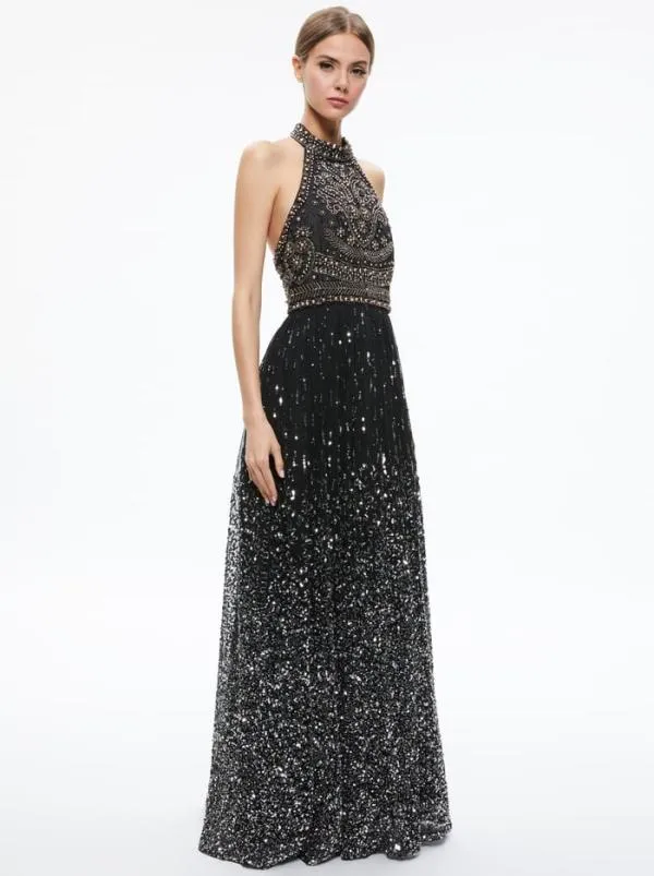 Dresses Women Alice Olivia JAEL EMBELLISHED HALTER NECK MAXI GOWN Blackmulti