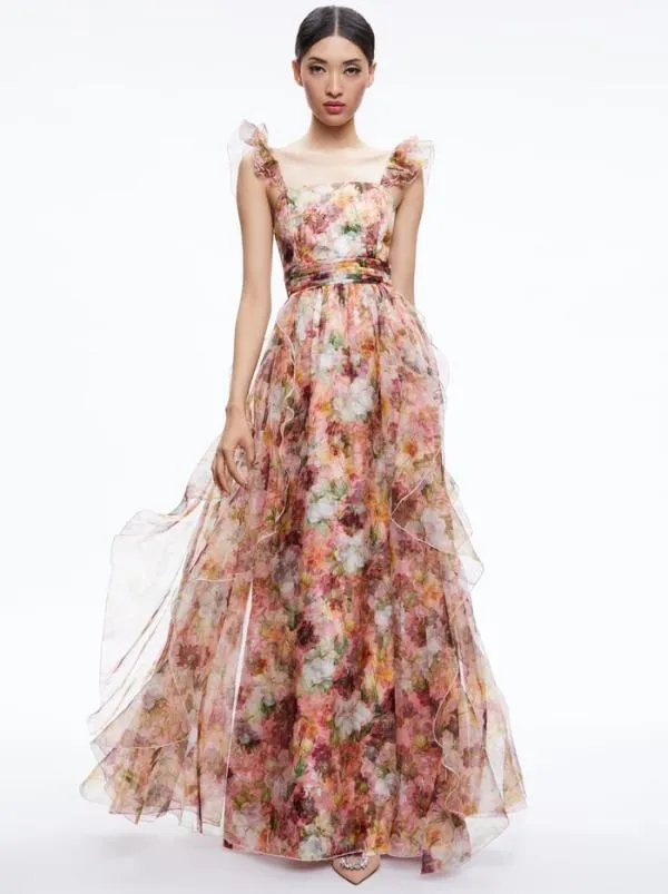 Dresses Women Alice Olivia JASMINA RUFFLE GOWN Juniper Floral Black