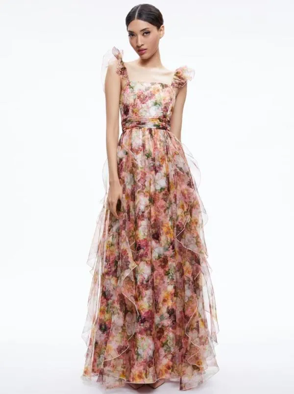 Dresses Women Alice Olivia JASMINA RUFFLE GOWN Juniper Floral Black