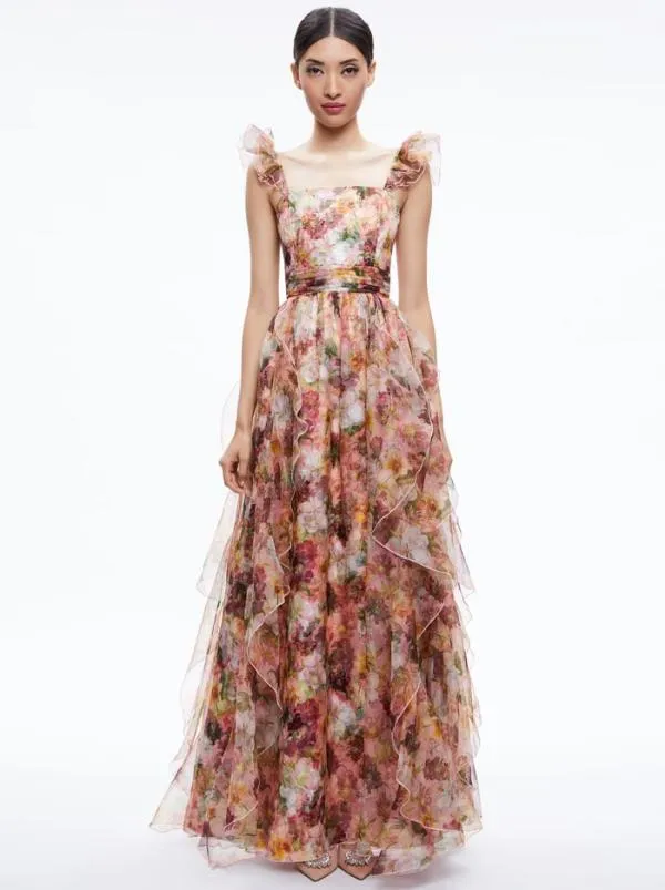 Dresses Women Alice Olivia JASMINA RUFFLE GOWN Juniper Floral Black