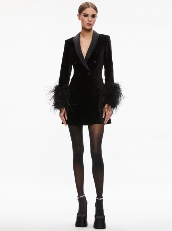 Dresses Women Alice Olivia LATOYA FEATHER CUFF BLAZER MINI DRESS Blackblack