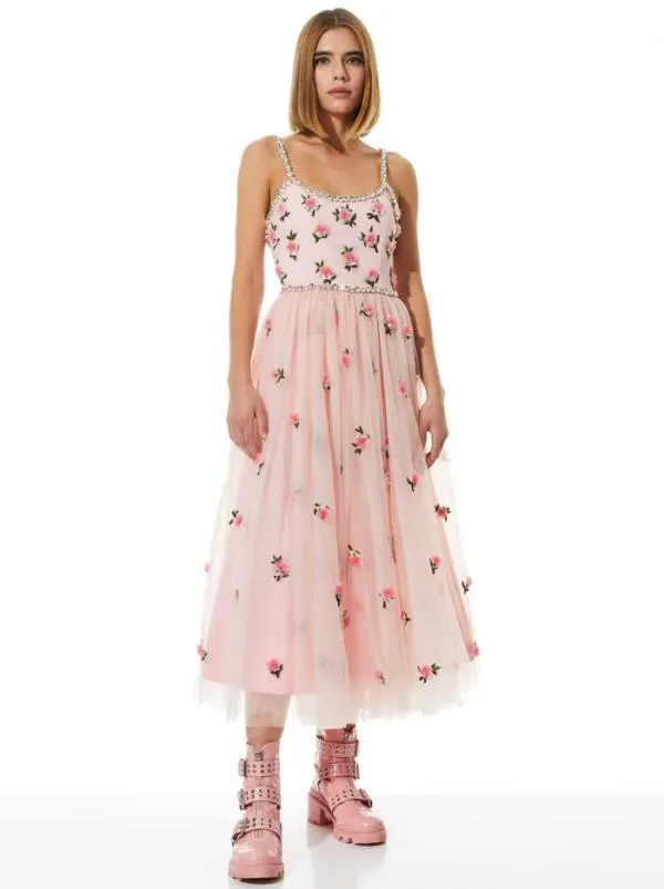 Dresses Women Alice Olivia LUPITA CRYSTAL STRAP EMBELLISHED TULLE MIDI GOWN Petalprimrose