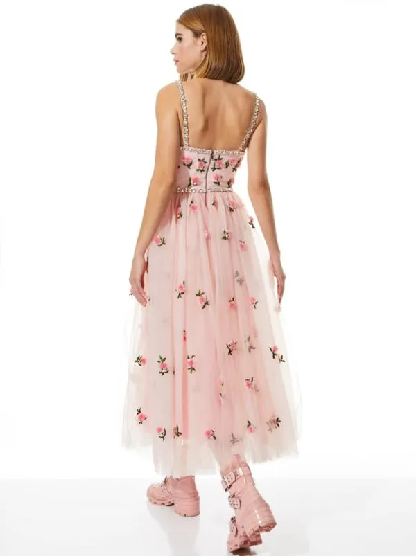 Dresses Women Alice Olivia LUPITA CRYSTAL STRAP EMBELLISHED TULLE MIDI GOWN Petalprimrose