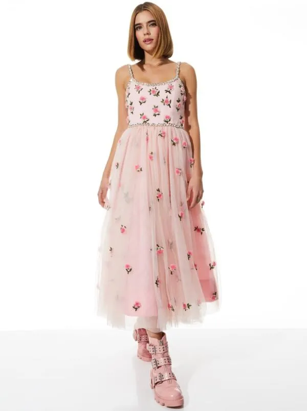 Dresses Women Alice Olivia LUPITA CRYSTAL STRAP EMBELLISHED TULLE MIDI GOWN Petalprimrose