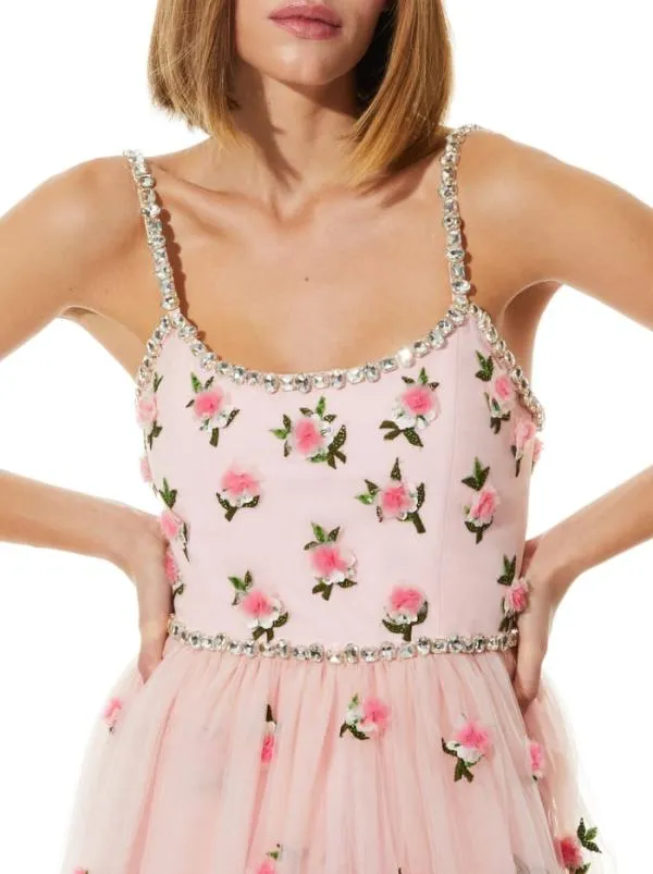 Dresses Women Alice Olivia LUPITA CRYSTAL STRAP EMBELLISHED TULLE MIDI GOWN Petalprimrose